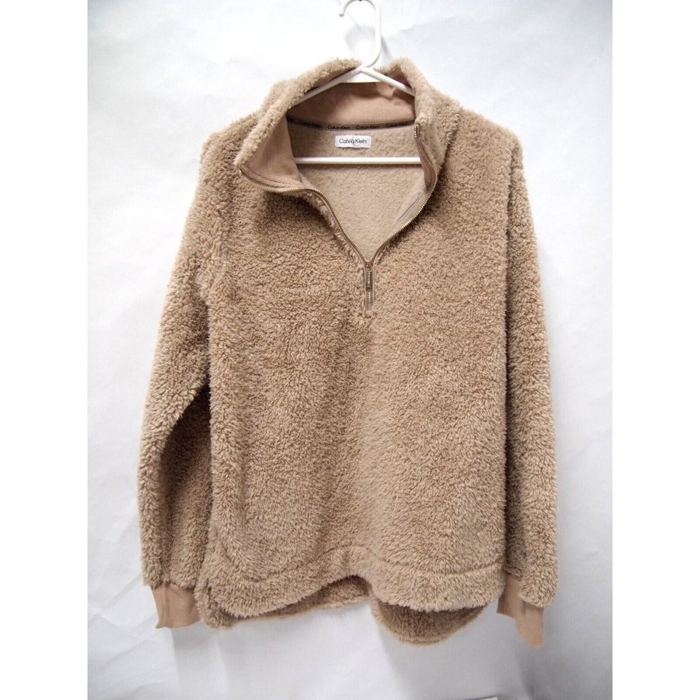 Calvin Klein Womens Fleece Jacket L Fuzzy Teddi Sherpa 1/4 Zip Pullover Beige
